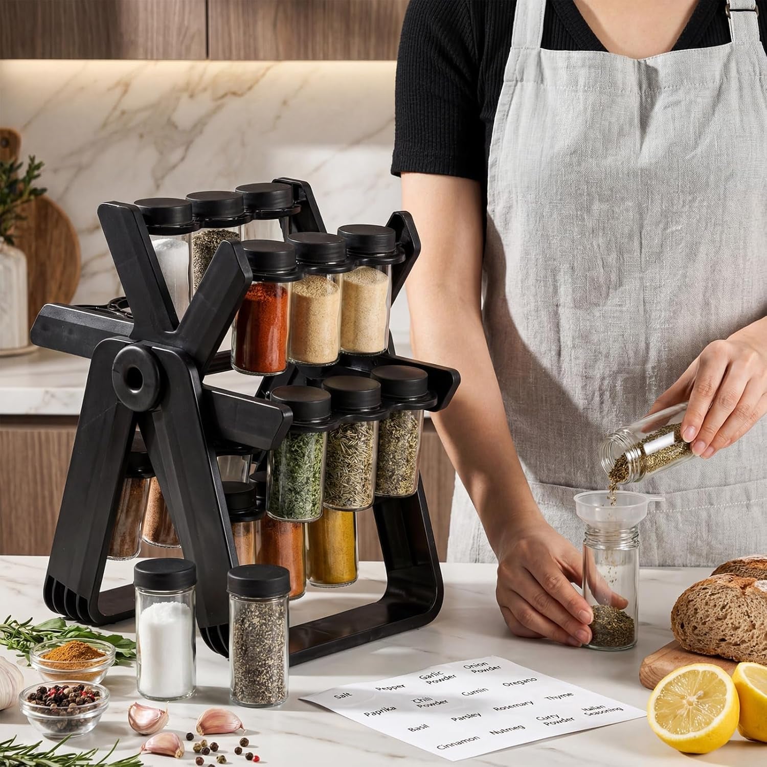 Wood Ferris Wheel Rotating Spice Rack - 18 Jars