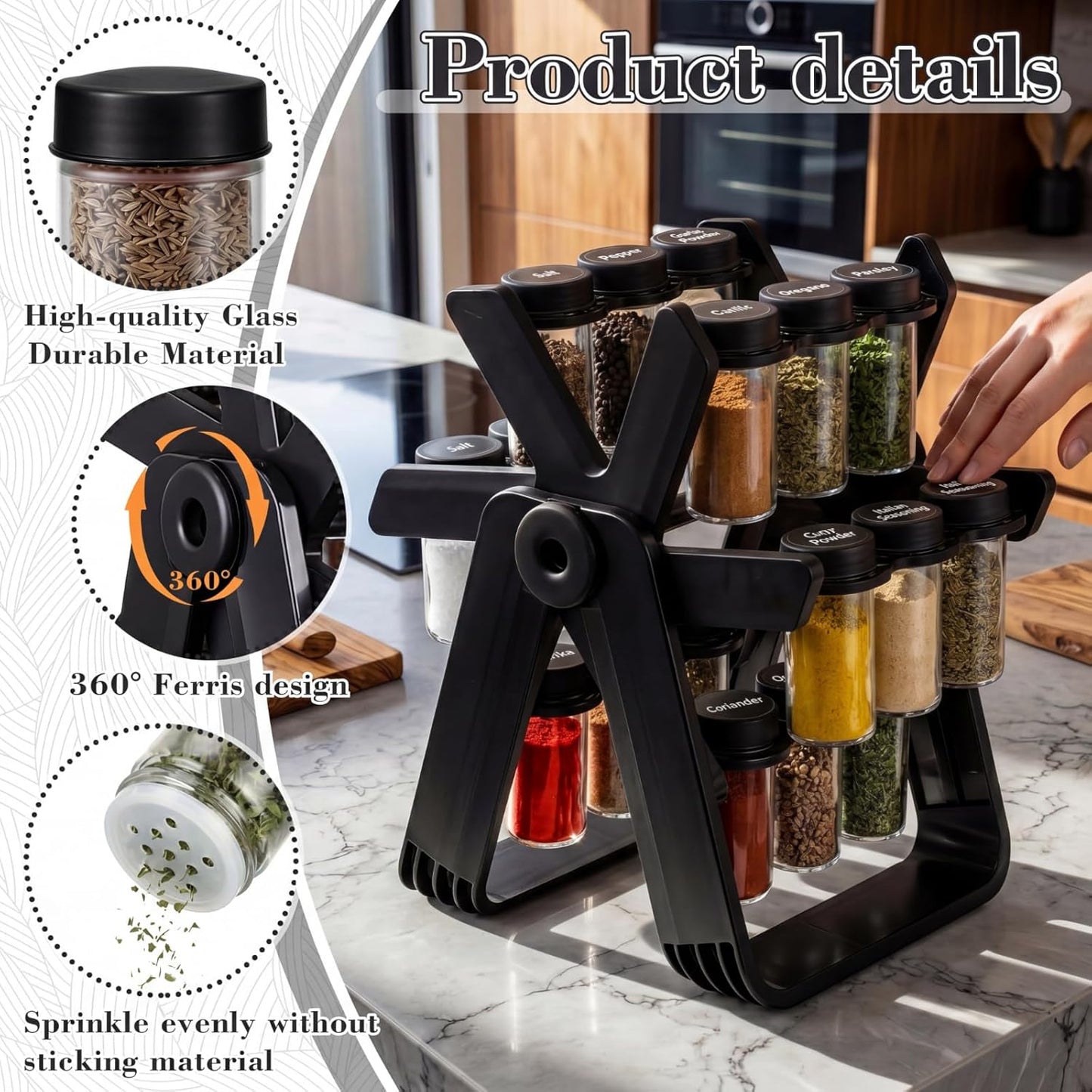 Wood Ferris Wheel Rotating Spice Rack - 18 Jars