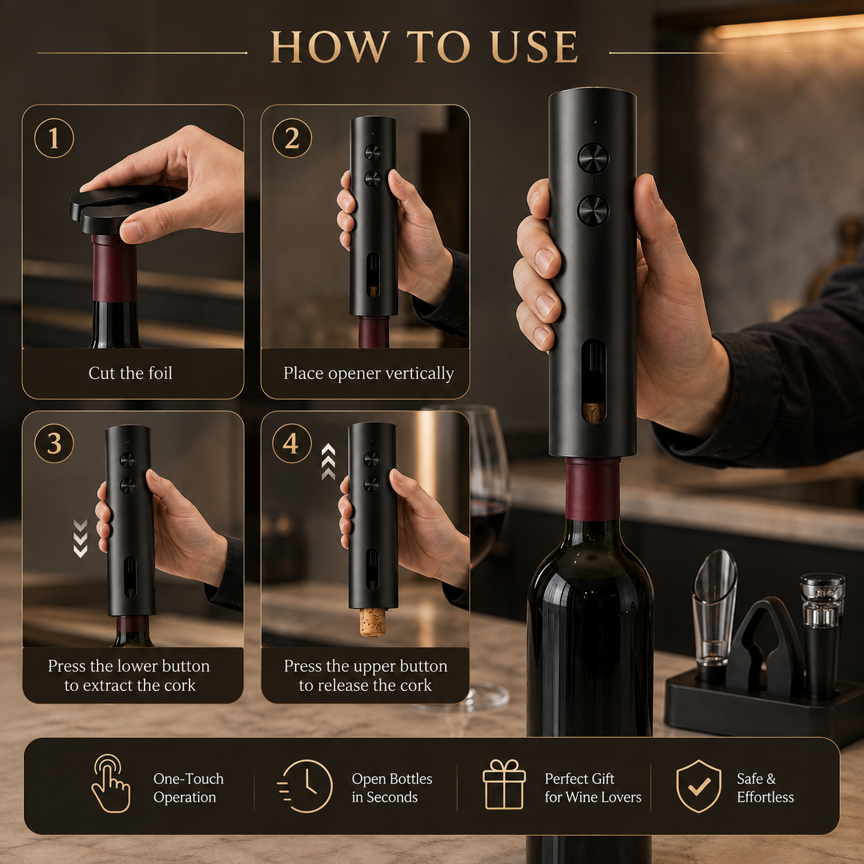 Premium Electric Wine Opener Gift Set - Black